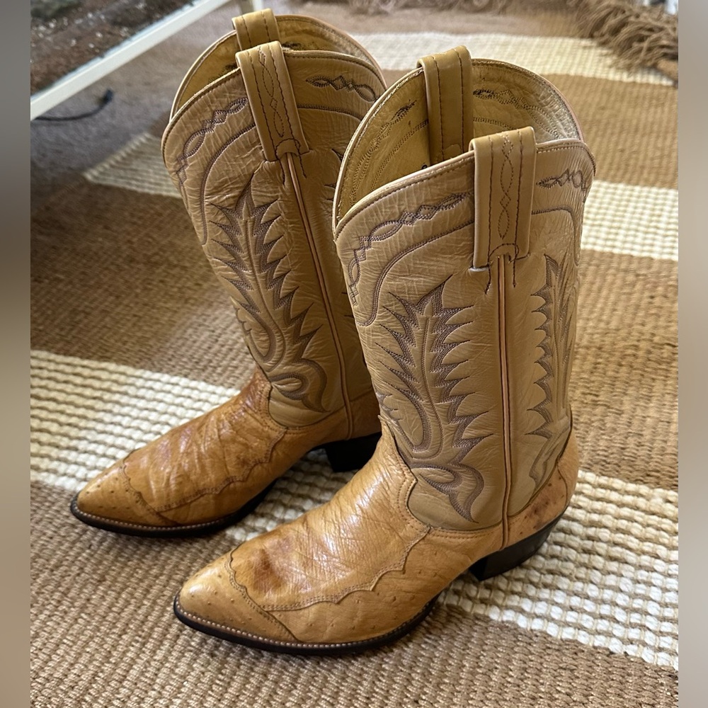Vintage Tony Lama Wingtip Ostrich USA Cowboy Boots Butterscotch Exotic - Size 9